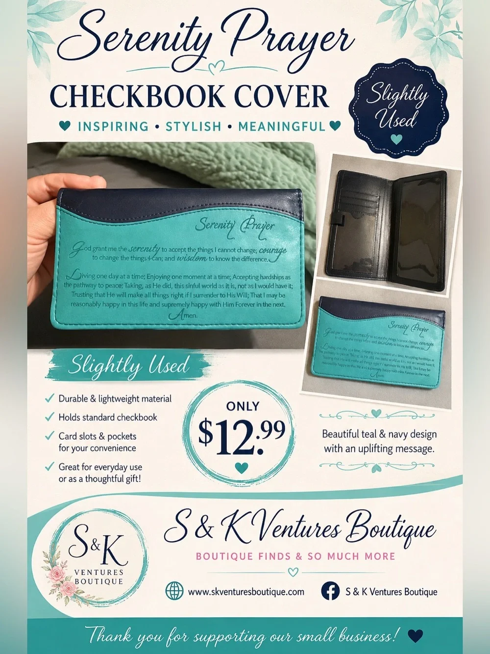 Serenity Prayer Teal & Navy Checkbook Cover – Slightly Use